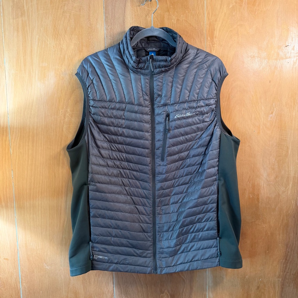Eddie Bauer StormDown 800 Puffer Vest Mens Large Grey‎ Green Goose Down Quilted